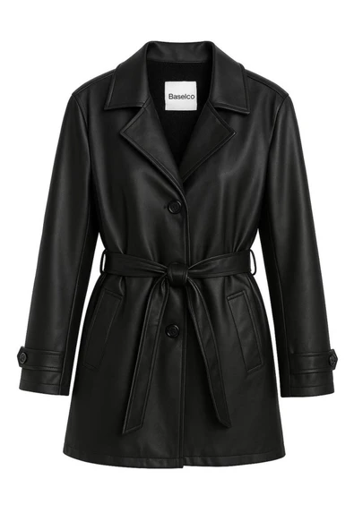 Premium İçi Kürklü Slim Fit Kuşaklı Deri Trençkot -Şık ve Sıcak Tasarım