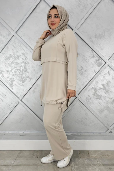 KADIN TAŞ DETALI BAĞCIKLI TESETTÜR TAKIM - Resim 5