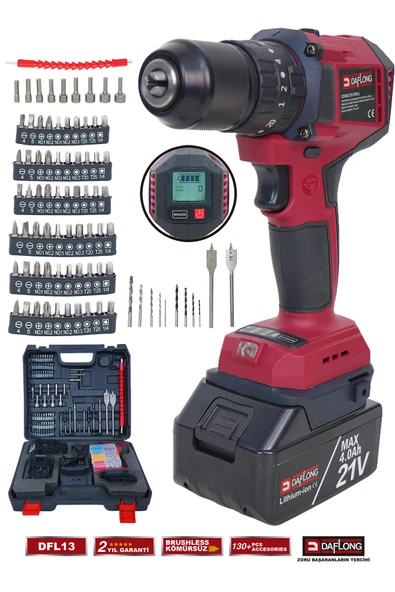 DAFLONG PRO 130 PARÇA DİJİTAL EKRANLI DİJİTAL AYARLANABİLİR HIZ KÖMÜRSÜZ 10 PİLLİ 21V ŞARJLI MATKAP DFL-13