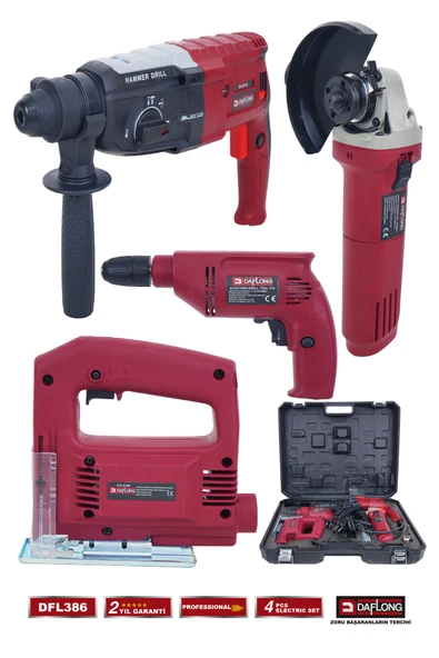 DAFLONG PRO 4'LÜ ELEKTRİKLİ USTA SETİ 2.28MM KIRICI DELİCİ HİLTİ DEKUPAJ 115M TAŞLAMA MATKAP DFL-386