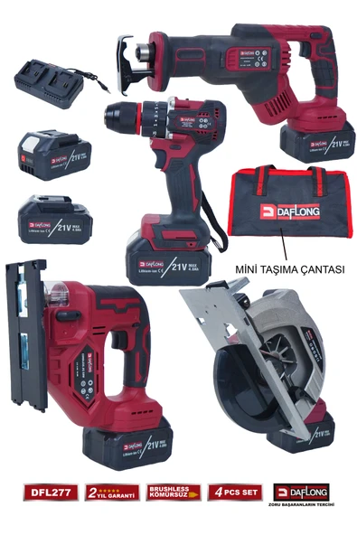 DAFLONG PRO 4'LÜ ATÖLYE İNŞAAT SETİ TİLKİ KUYRUĞU+185MM SUNTA+DEKUPAJ+80NM ŞARJLI MATKAP DFL-277