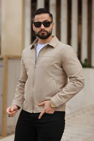 İnce Çizgili Kırışmaz Gofre Kumaş Mevsimlik Ceket - 6