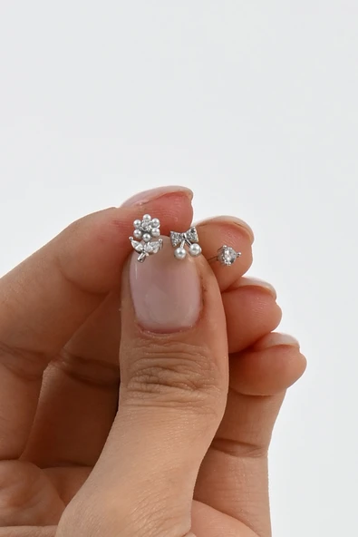 Gümüş rodyumlu zirkon taşlı incili çiçek, fiyonk ve kalpten oluşan kombin küpe SGTL13032RODAJ - Resim 2