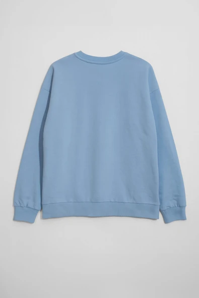 Kadın Bisiklet Yaka Pul Detaylı Mavi Sweatshirt - 3