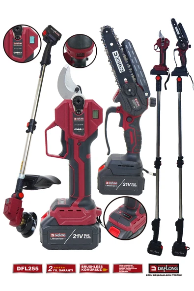 DAFLONG PROFESYONEL 4'LÜ SET ŞARJLI DİJİTAL MAKAS UZATMA KOLU YAĞLAMALI BUDAMA ŞARJLI TIRPAN DFL-255
