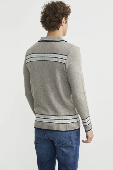 Polo Yaka Kilim Motifli Triko Kazak - Vizon - Resim 6