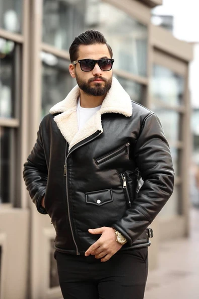 Premium İçi Komple Kürklü Biker Deri Mont