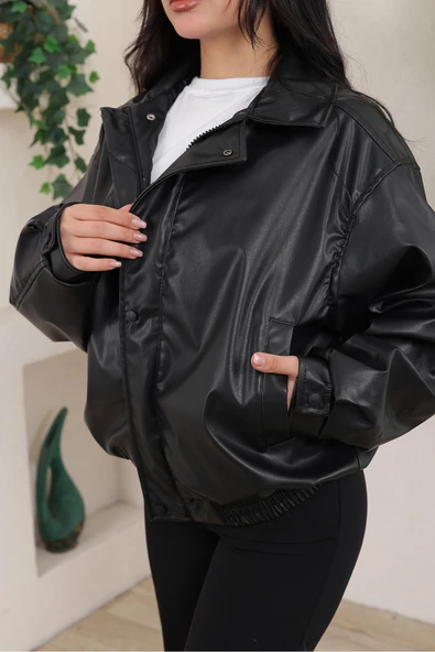 Oversize Vintage Bomber Deri Ceket - 5