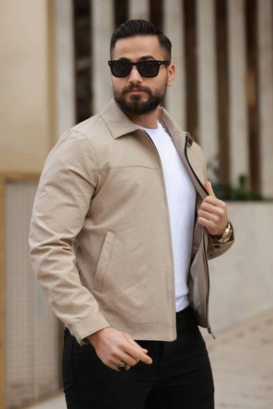 İnce Çizgili Kırışmaz Gofre Kumaş Mevsimlik Ceket - 5