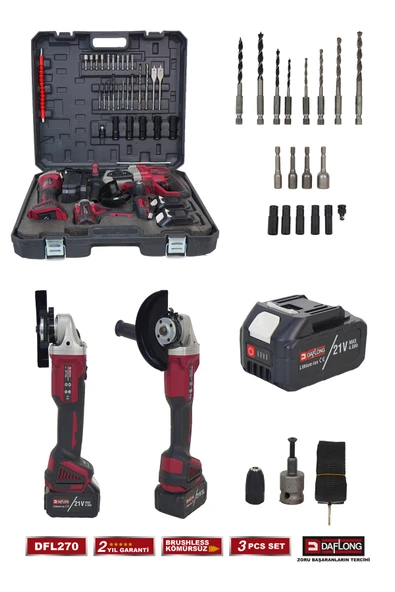 DAFLONG PRO 3'LÜ SET 21V KÖMÜRSÜZ 600NM TORKLU SOMUN DEVİR AYARI TAŞLAMA+KIRICI DELİCİ HİLTİ DFL-270 - 5