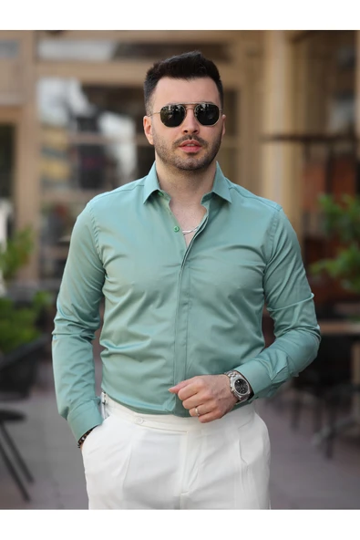 Süper Slim Fit (Dar Kalıp ) Gizli Düğmeli Pamuk Saten Gömlek - 8