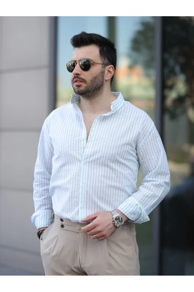 Çizgili Keten Gömlek - 5