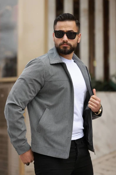 İnce Çizgili Kırışmaz Gofre Kumaş Mevsimlik Ceket - 11