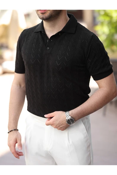 Old Money Kendinden Desenli Pamuklu Triko Tshirt - 3