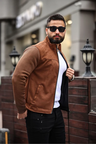 Premium Örme Triko Kol Dik Yaka Süet Ceket - Resim 6