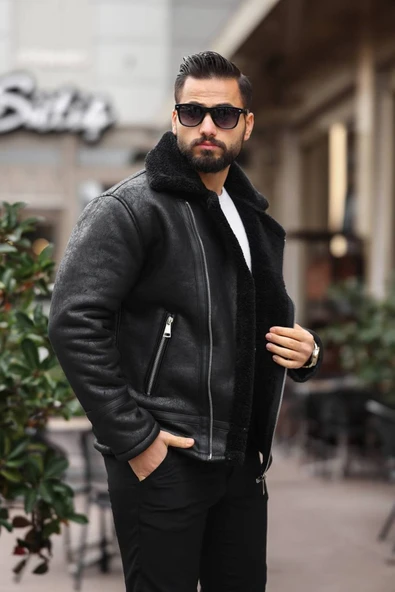 Premium İçi Komple Kürklü Biker Deri Mont - 12