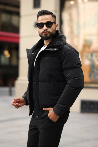 Oversize Yakası Kürklü Şişme Mont - 5