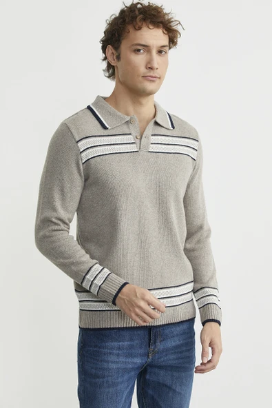 Polo Yaka Kilim Motifli Triko Kazak - Vizon - Resim 3