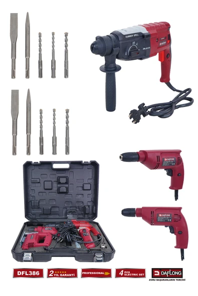 DAFLONG PRO 4'LÜ ELEKTRİKLİ USTA SETİ 2.28MM KIRICI DELİCİ HİLTİ DEKUPAJ 115M TAŞLAMA MATKAP DFL-386 - 3