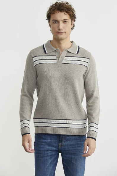 Polo Yaka Kilim Motifli Triko Kazak - Vizon - Resim 2