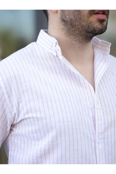 Çizgili Keten Gömlek - 12
