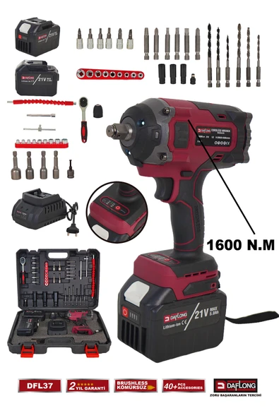 DAFLONG 21V 15 PİLLİ KÖMÜRSÜZ 1/2 1600NM TORKLU SOMUN SIKMA MAKİNASI -DFL-37 ürün görseli 1
