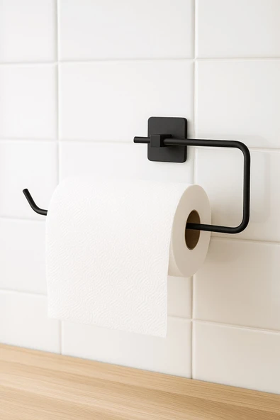 Siyah Yapışkanlı Solo Havluluk – Kare Topuzlu, (Yapıştır/Vidala) Montajlı Metal Banyo Askısı - (S-110) - KTS - Resim 2