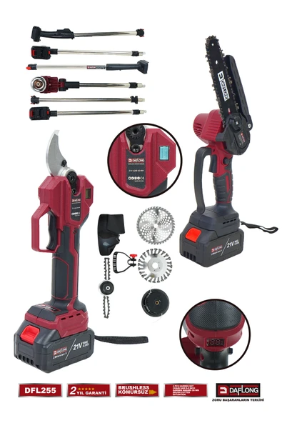 DAFLONG PROFESYONEL 4'LÜ SET ŞARJLI DİJİTAL MAKAS UZATMA KOLU YAĞLAMALI BUDAMA ŞARJLI TIRPAN DFL-255 - 2