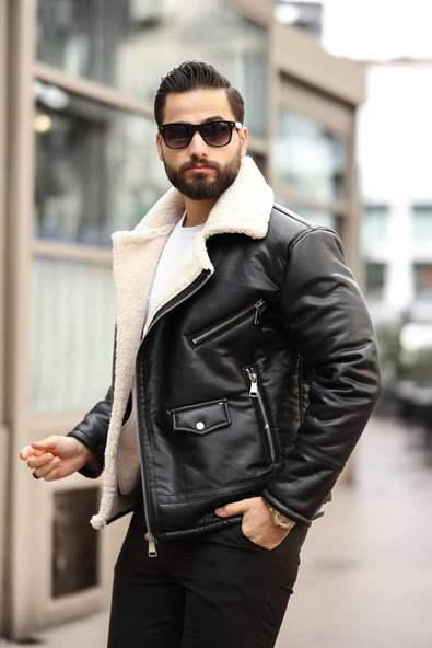 Premium İçi Komple Kürklü Biker Deri Mont - 2