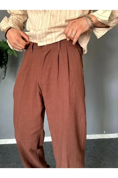 Old Money Pileli Baggy Kalıp Beli Lastikli Yazlık Keten Pantolon - 2