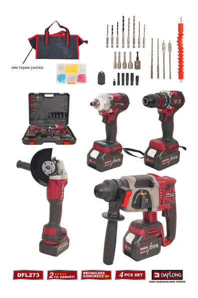DAFLONG 4'LÜ ÇANTALI USTA SETİ 600NM TORKLU+KIRICI DELİCİ HİLTİ+TAŞLAMA+ŞARJLI MATKAP DFL-273 - 2