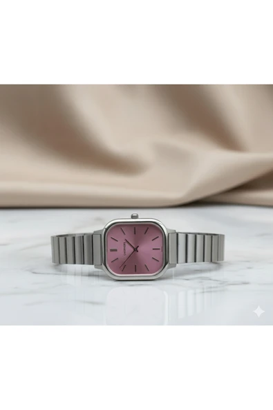 Zamansız Şıklık Sunan Kare Kasa Metal Kol Saati – Pembe Kadranlı, Minimalist ve Zarif Tasarım - Resim 4