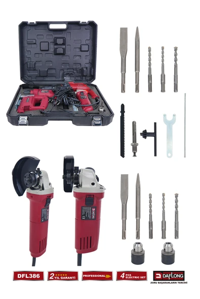 DAFLONG PRO 4'LÜ ELEKTRİKLİ USTA SETİ 2.28MM KIRICI DELİCİ HİLTİ DEKUPAJ 115M TAŞLAMA MATKAP DFL-386 - 5