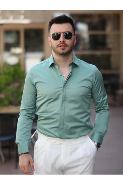 Süper Slim Fit (Dar Kalıp ) Gizli Düğmeli Pamuk Saten Gömlek - 5