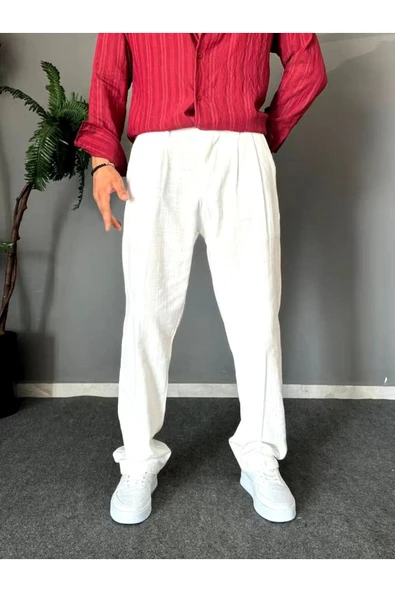 Old Money Pileli Baggy Kalıp Beli Lastikli Yazlık Keten Pantolon - 8