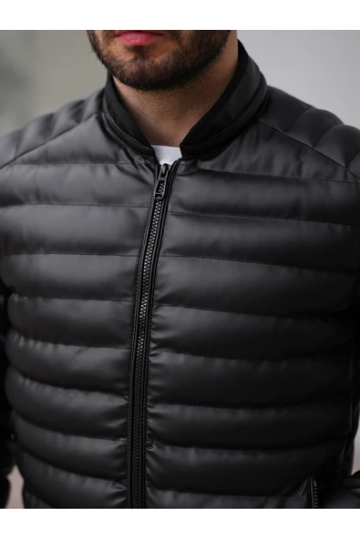 Slim Fit Deri Şişme Mont - 3