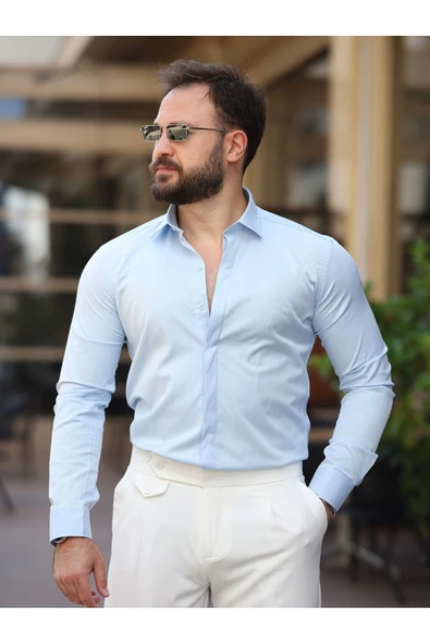Süper Slim Fit (Dar Kalıp ) Gizli Düğmeli Pamuk Saten Gömlek - 2