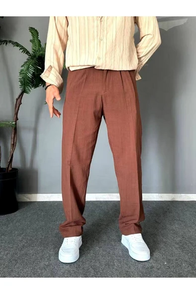 Old Money Pileli Baggy Kalıp Beli Lastikli Yazlık Keten Pantolon - 5