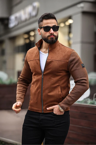 Premium Örme Triko Kol Dik Yaka Süet Ceket - Resim 4