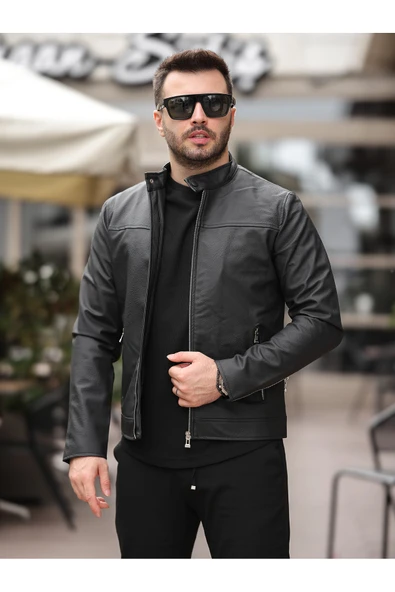 Yeni Sezon Erkek Premium Karbon Deri Slim Fit Mevsimlik Ceket
