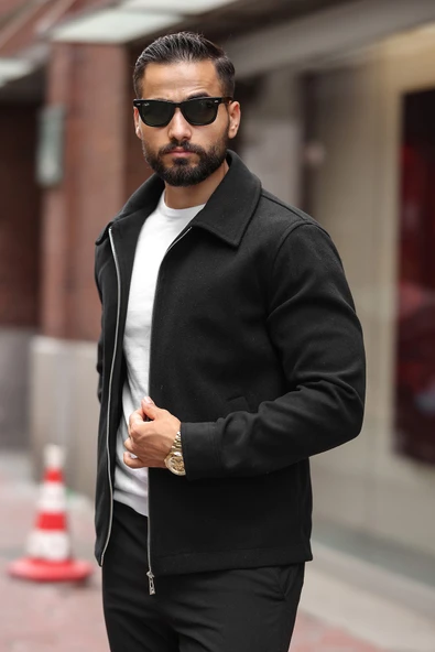 Erkek Çift Fermuar Detaylı Kaşe Ceket - 9