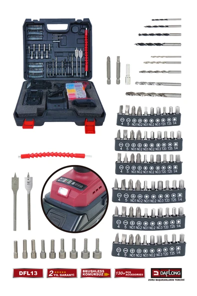 DAFLONG PRO 130 PARÇA DİJİTAL EKRANLI DİJİTAL AYARLANABİLİR HIZ KÖMÜRSÜZ 10 PİLLİ 21V ŞARJLI MATKAP DFL-13 - 3