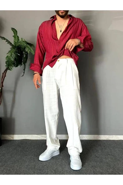 Old Money Pileli Baggy Kalıp Beli Lastikli Yazlık Keten Pantolon - 7