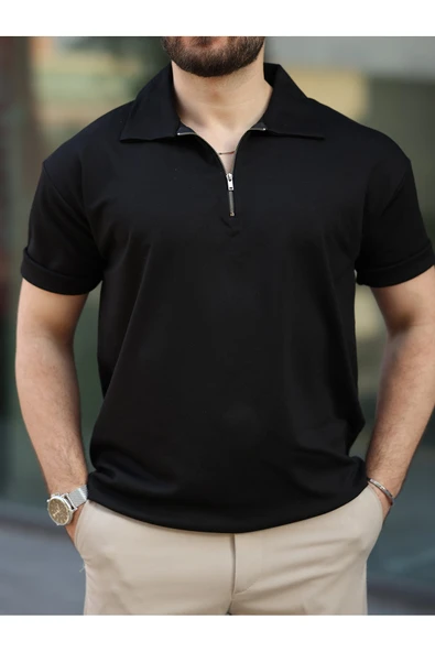 Oversize Bol Kalıp Fermuarlı Polo Yaka Tshirt - 10