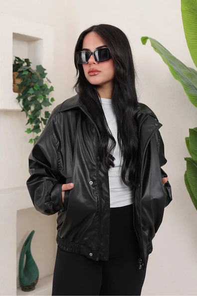 Oversize Vintage Bomber Deri Ceket - 4