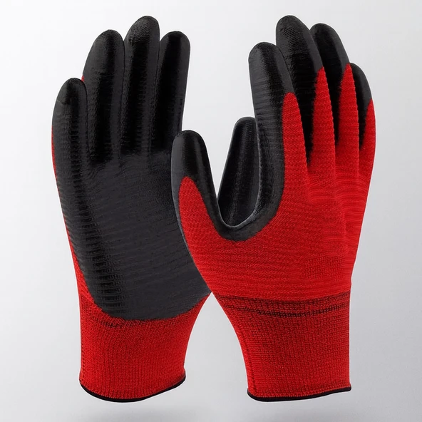 Kırmızı Siyah Zebra Nitril Kaplama İş Eldiveni 10 XL Yüksek Kavrama Esnek Konforlu Çalışma Eldiveni ürün görseli