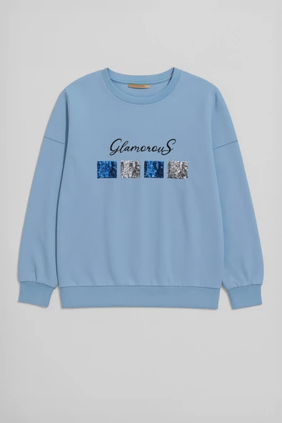 Kadın Bisiklet Yaka Pul Detaylı Mavi Sweatshirt - 2