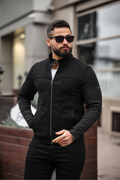 Premium Örme Triko Kol Dik Yaka Süet Ceket - Resim 3