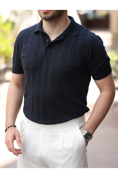 Old Money Kendinden Desenli Pamuklu Triko Tshirt - 5