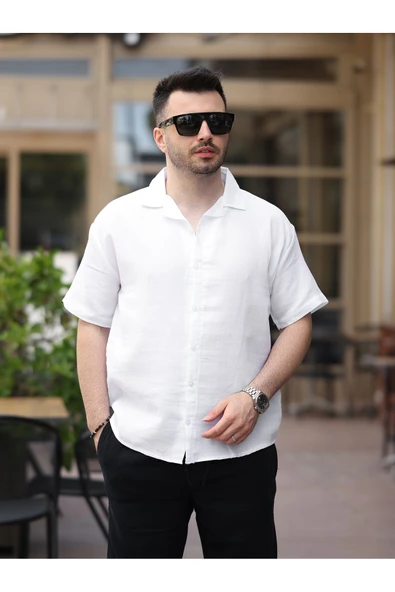 Erkek Relax Fit Kısa Kollu Keten Gömlek - 2